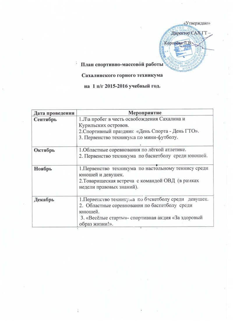 План спортивно-массовой работы Сахалинского горного техникума на 1  полугодие 2015-2016 учебного года