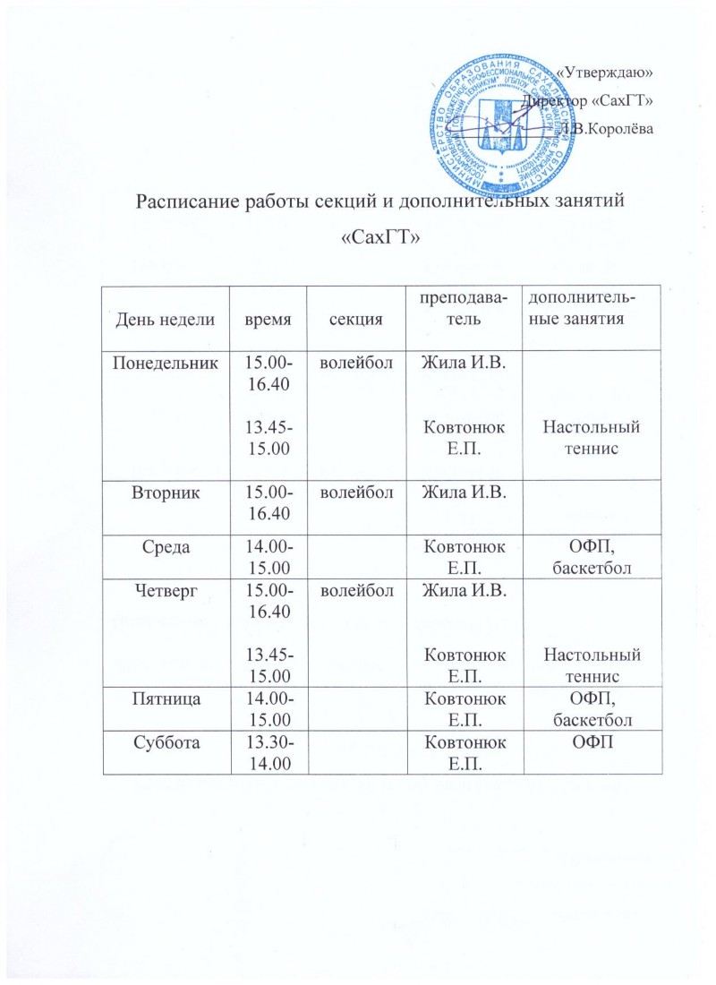 Расписание работы секций и дополнительных занятий в спортзале ГБПОУ СахГТ